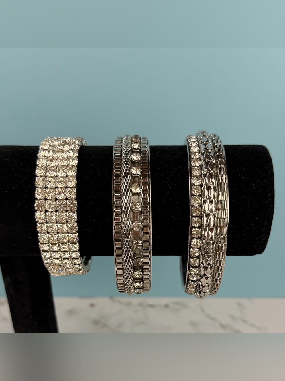 Vintage Y2K Silver Rhinestone Bracelet Lot 3 Stacking Bangles & Stretch Cuff
